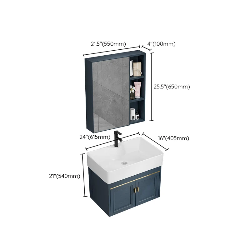 Tocador rectangular para lavabo individual, espejo azul montado en la pared, marco de metal, tocador de baño Clearhalo