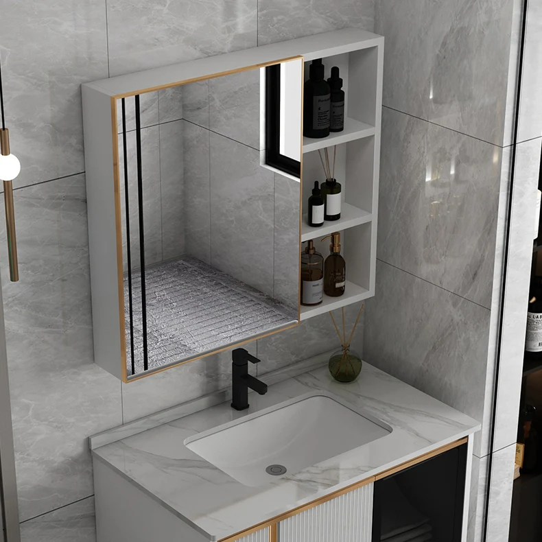 Tocador rectangular para lavabo de montaje en pared, tocador moderno con marco de metal blanco Clearhalo