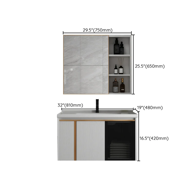 Tocador rectangular para lavabo de montaje en pared, tocador moderno con marco de metal blanco Clearhalo
