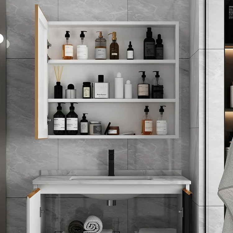 Tocador rectangular para lavabo de montaje en pared, tocador moderno con marco de metal blanco Clearhalo