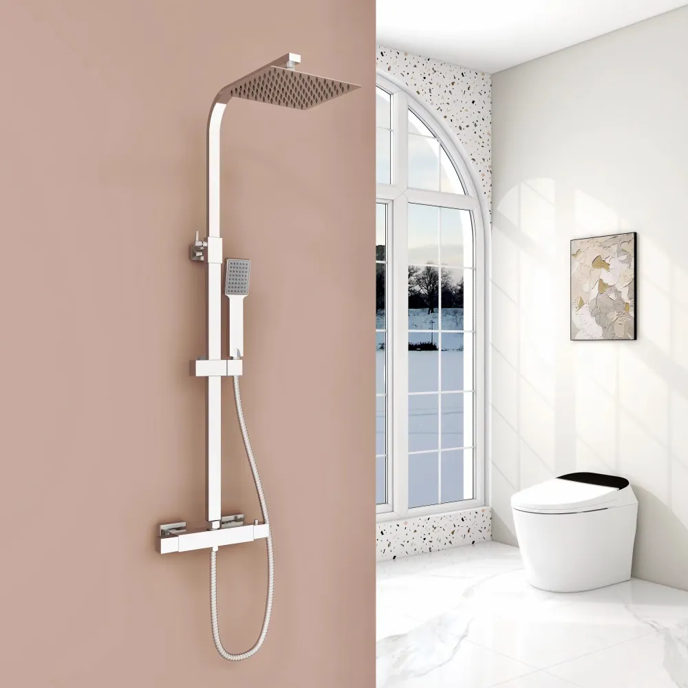 Columna de Ducha con Termostato, Cuadrada Plata Alcachofa Superior, Ducha de Baño, Barra ajustable 80-120cm