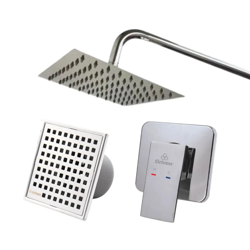 Combo de Ducha Cuadrada de 8" Ultra Delgada con tubo de 50CM, Monomando Mezclador y Desagüe de Piso en Acero Inoxidable co...