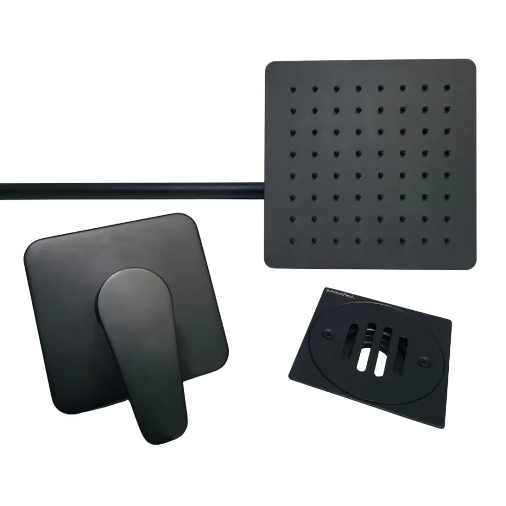 Combo de ducha cuadrada de 8" ultradelgada con tubo de 50 cm + Monomando mezclador + Desagüe 4" x 4" con acabado negro