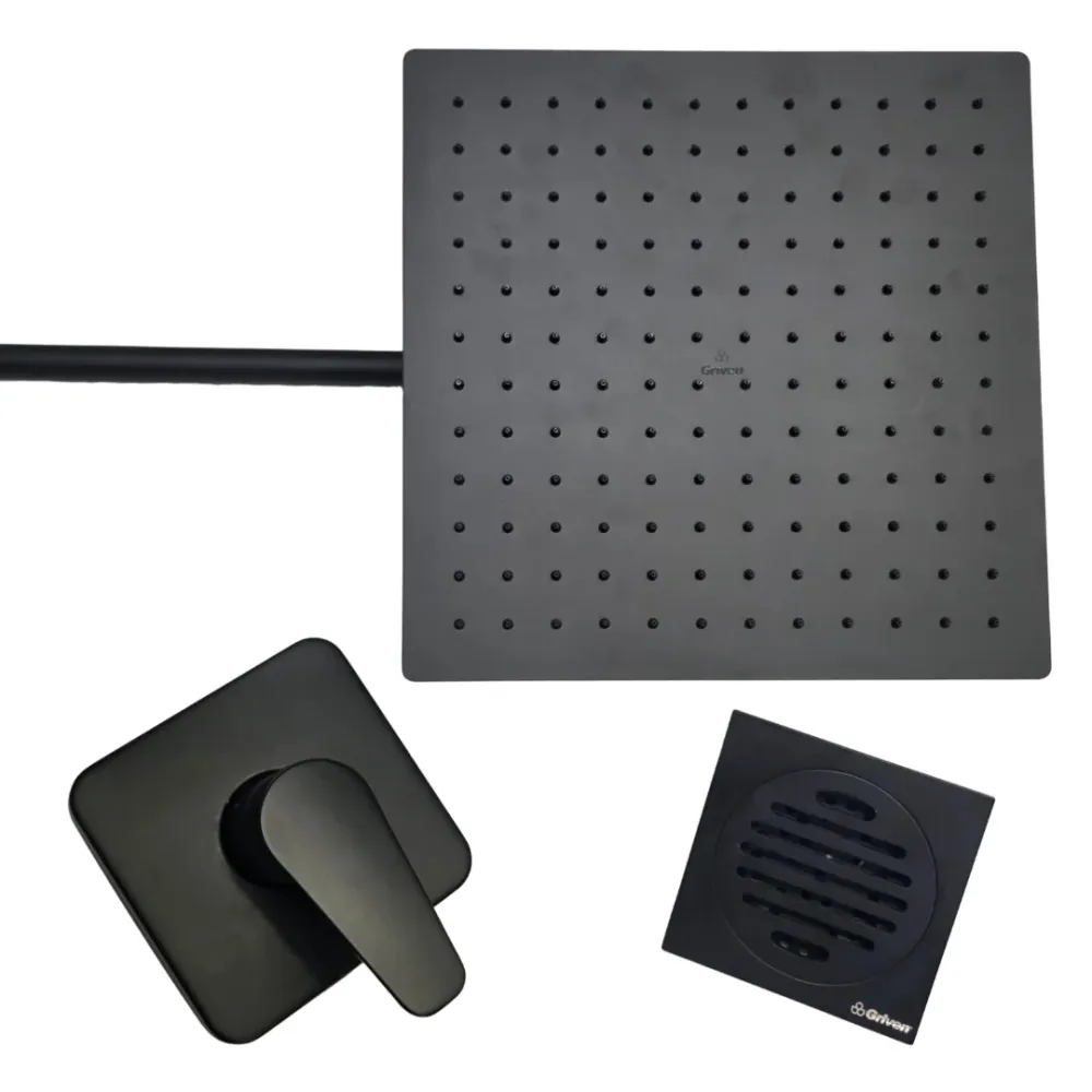 Combo Regadera para Ducha Cuadrada de 12" Ultra Delgada en Acero Inoxidable (Negro Mate)