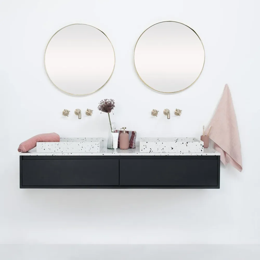 Conjunto de baño Ann mueble corto Negro - Lavabo George Terrazo - Placa superior de terrazo - 150 cm