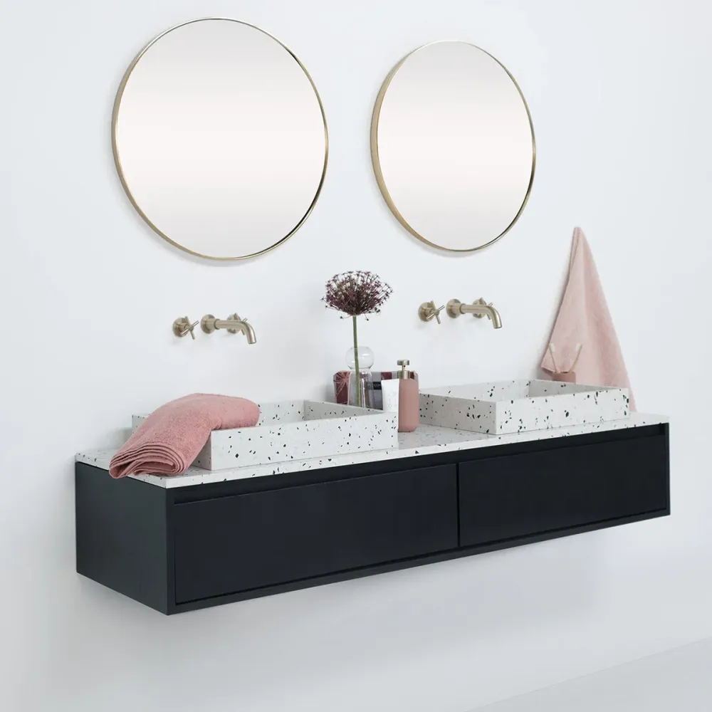 Conjunto de baño Ann mueble corto Negro - Lavabo George Terrazo - Placa superior de terrazo - 150 cm
