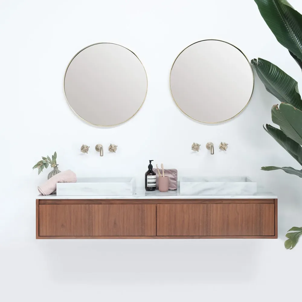 Conjunto de baño Ann mueble corto Nogal - Lavabo George mármol blanco - Placa superior de mármol blanco - 150 cm