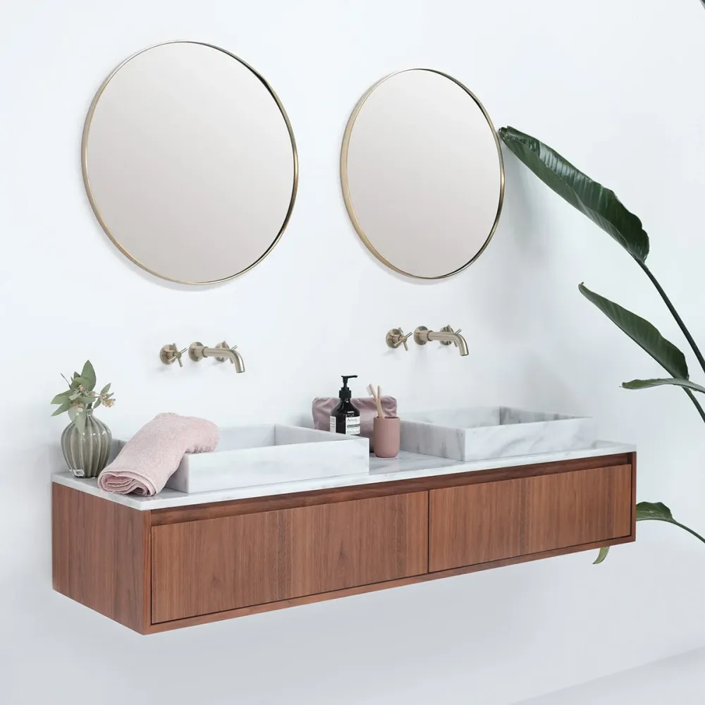 Conjunto de baño Ann mueble corto Nogal - Lavabo George mármol blanco - Placa superior de mármol blanco - 150 cm