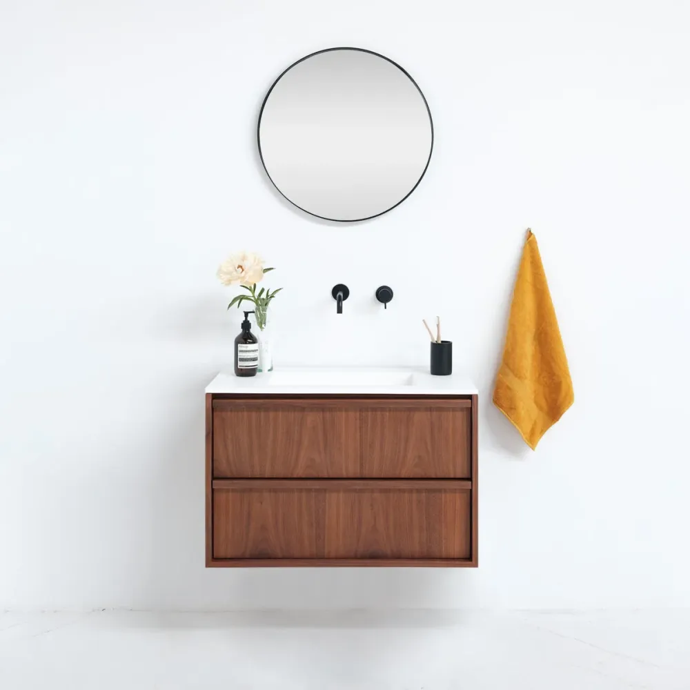 Conjunto de baño nogal Fien - 80 cm - Lavabo de solid Surface