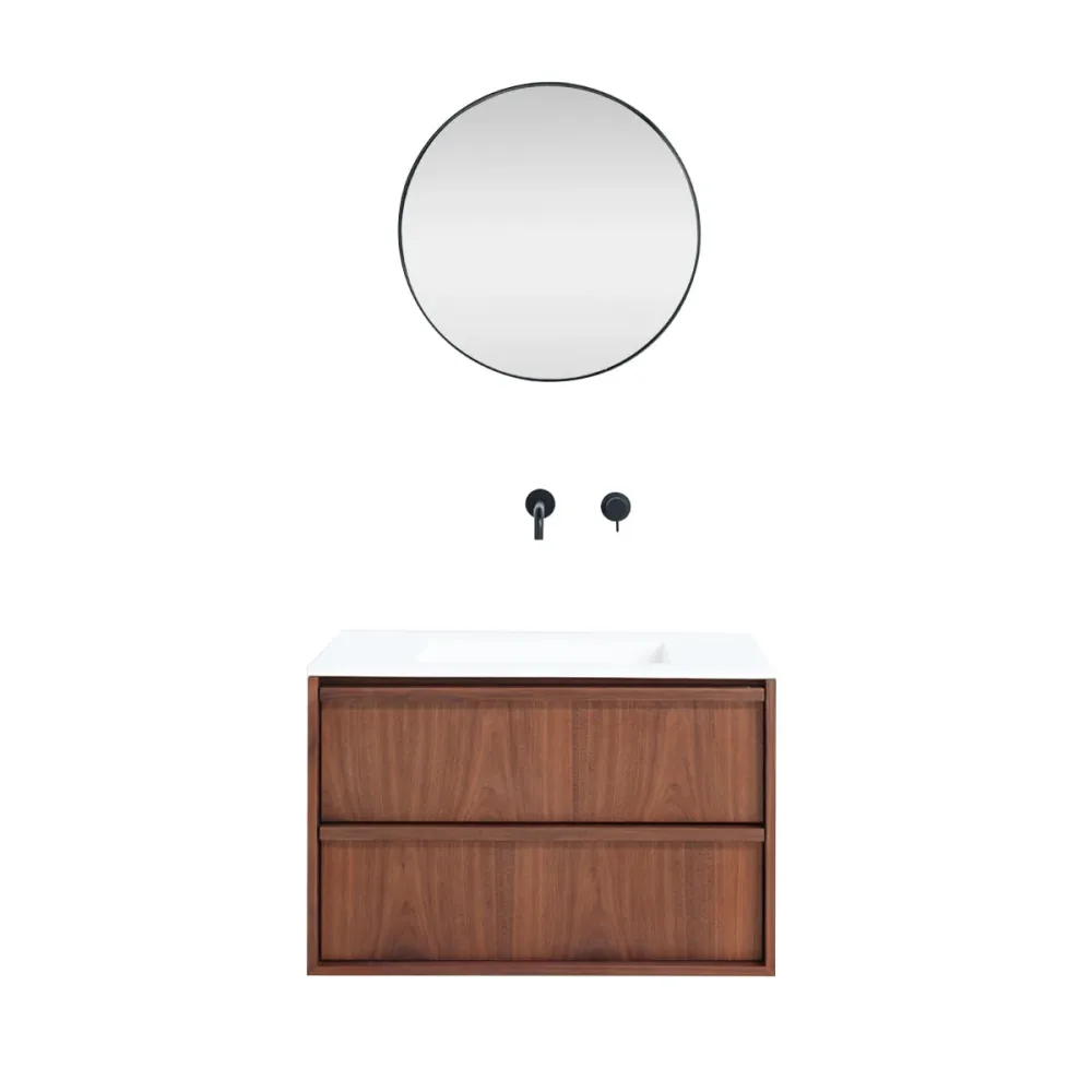 Conjunto de baño nogal Fien - 80 cm - Lavabo de solid Surface