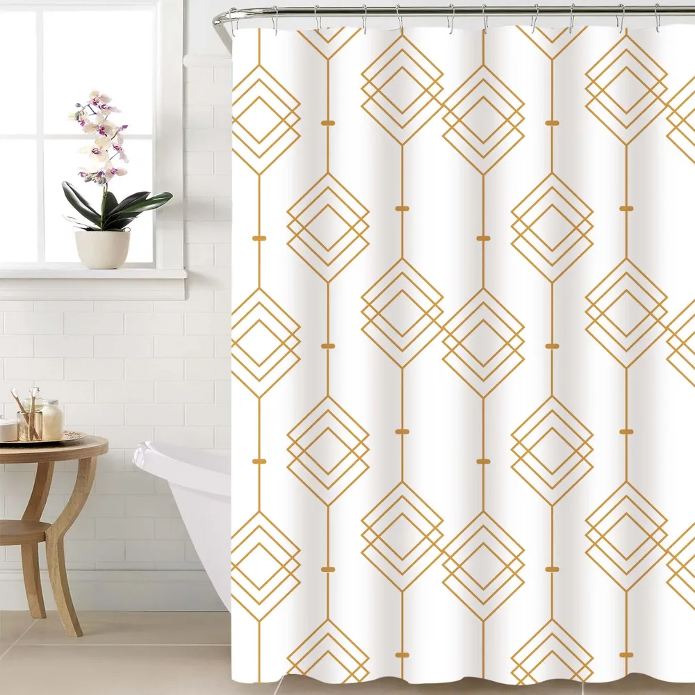 Cortina de baño 180x180 impermeable + 12 ganchos Geometrica Dorada