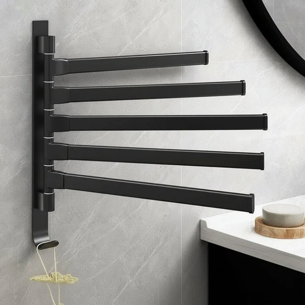 BATHSWING – Toallero negro mate con 5 brazos giratorios para almacenamiento compacto en baños Cozey Maison