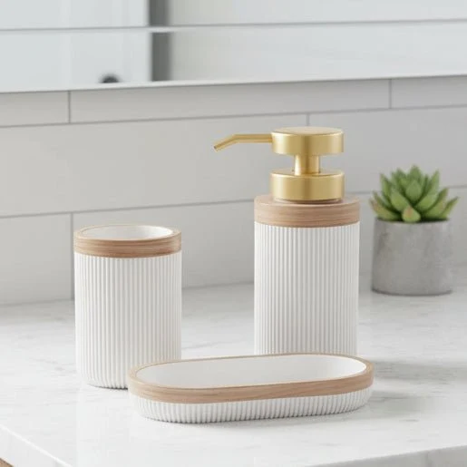 CERAVIA – Juego de baño blanco con jabonera, dispensador y vaso para decoración elegante del baño Cozey Maison