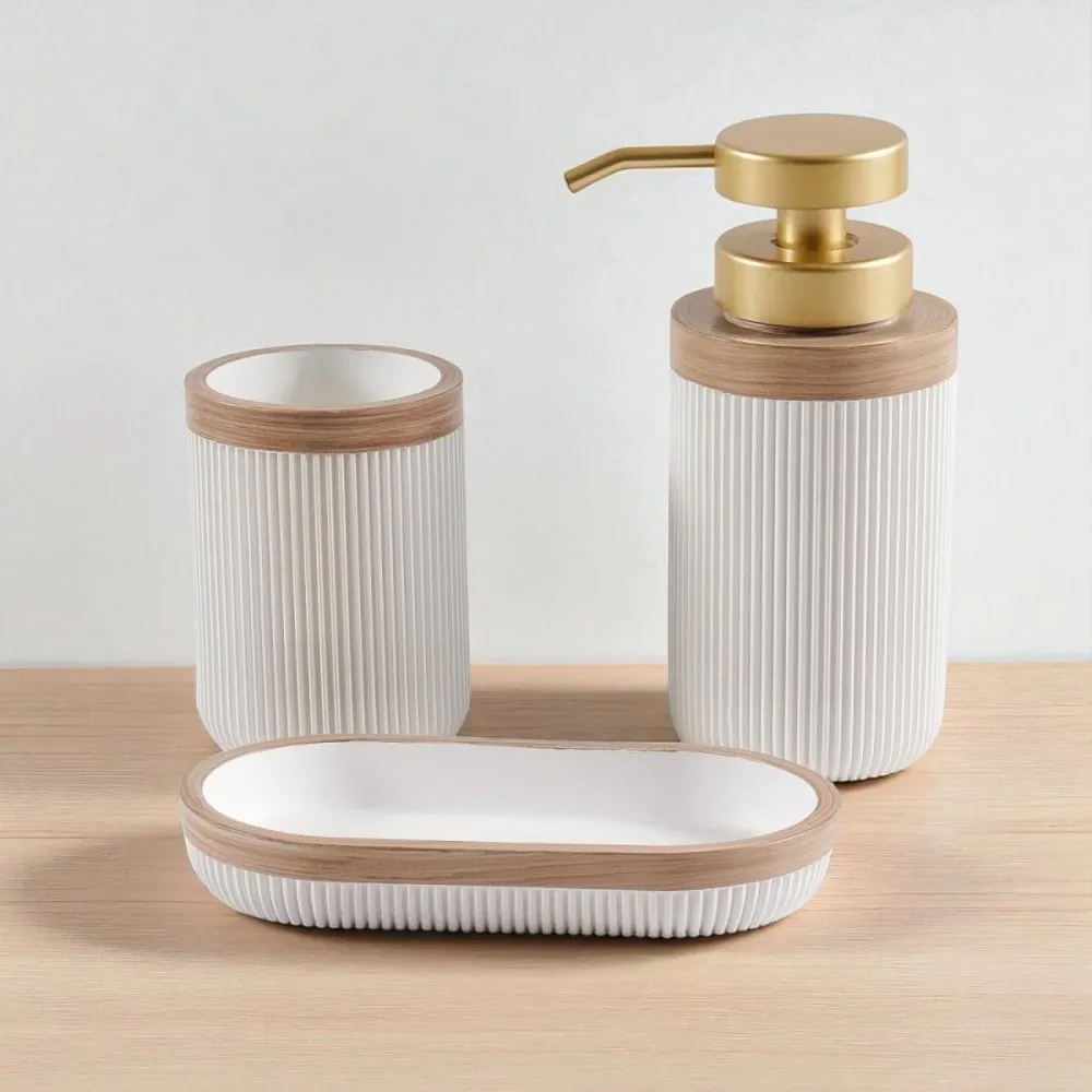 CERAVIA – Juego de baño blanco con jabonera, dispensador y vaso para decoración elegante del baño Cozey Maison