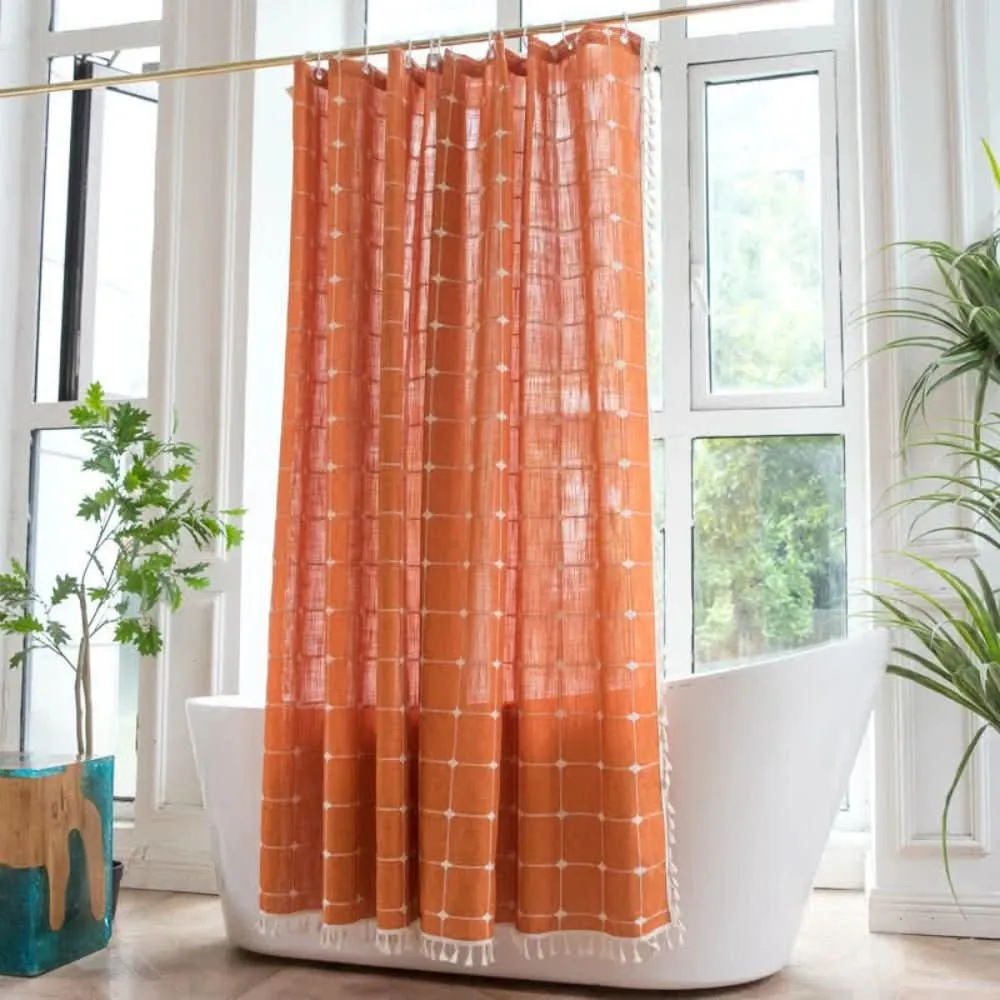 COTTONHAVEN Cortina de ducha – Cortina de ducha de algodón suave con flecos para baños acogedores Naranja Cozey Maison