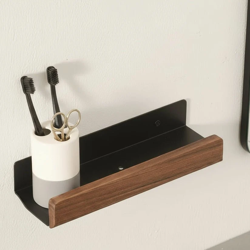 HOMETIMB – Estanterí de esquina rústica para baño de madera maciza con montaje adhesivo sencillo Cozey Maison