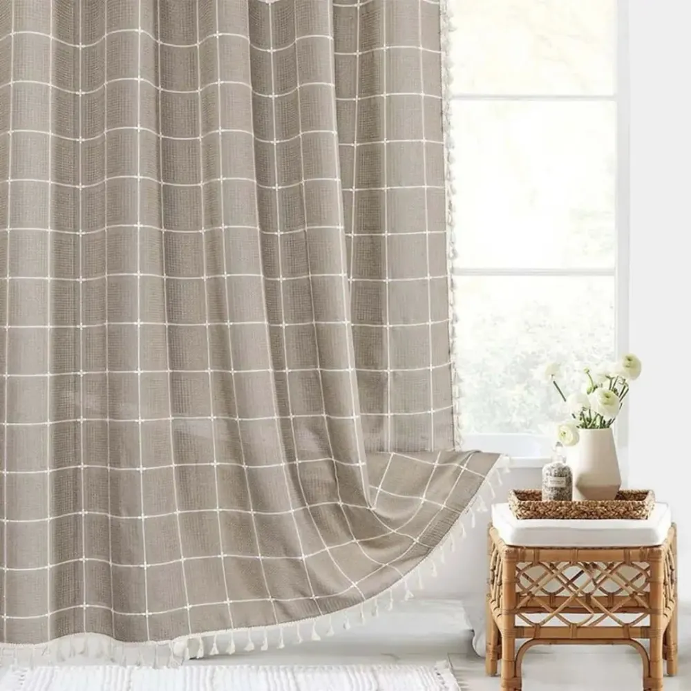 LINENCOVE – Cortina de ducha bohemia de lino con borlas y diseño impermeable Beige Cozey Maison