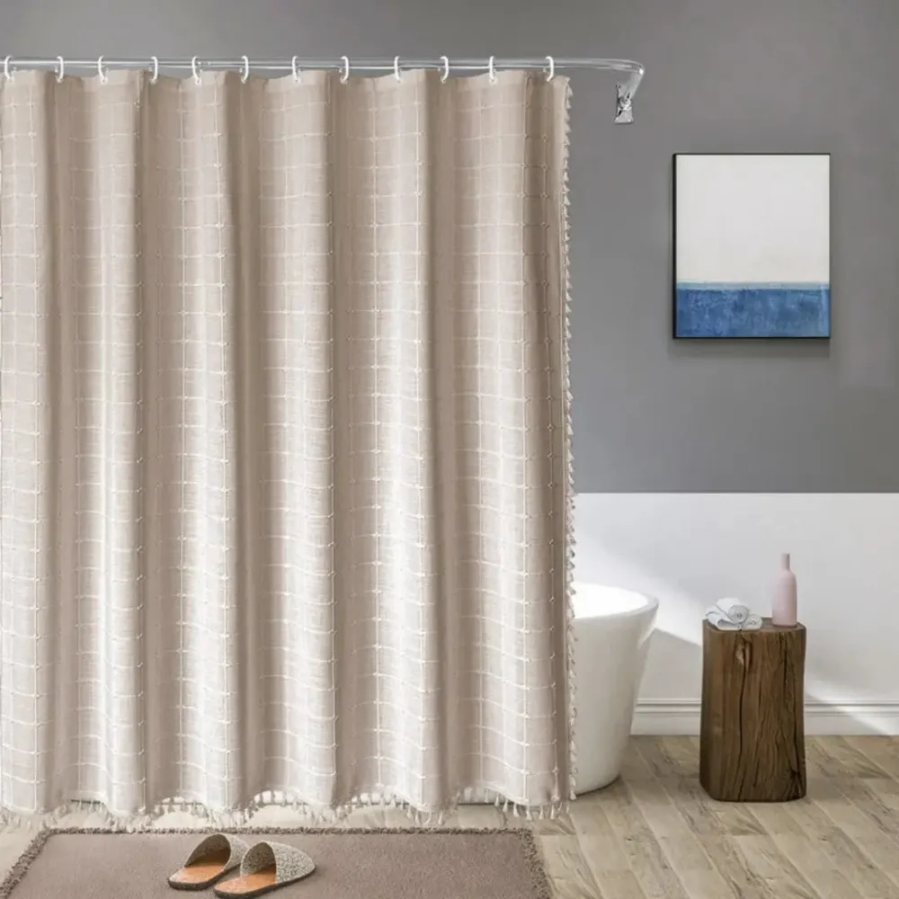LINENCOVE – Cortina de ducha bohemia de lino con borlas y diseño impermeable Beige Cozey Maison