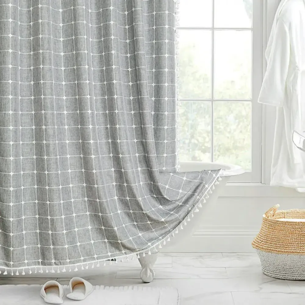 LINENCOVE – Cortina de ducha bohemia de lino con borlas y diseño impermeable Beige Cozey Maison