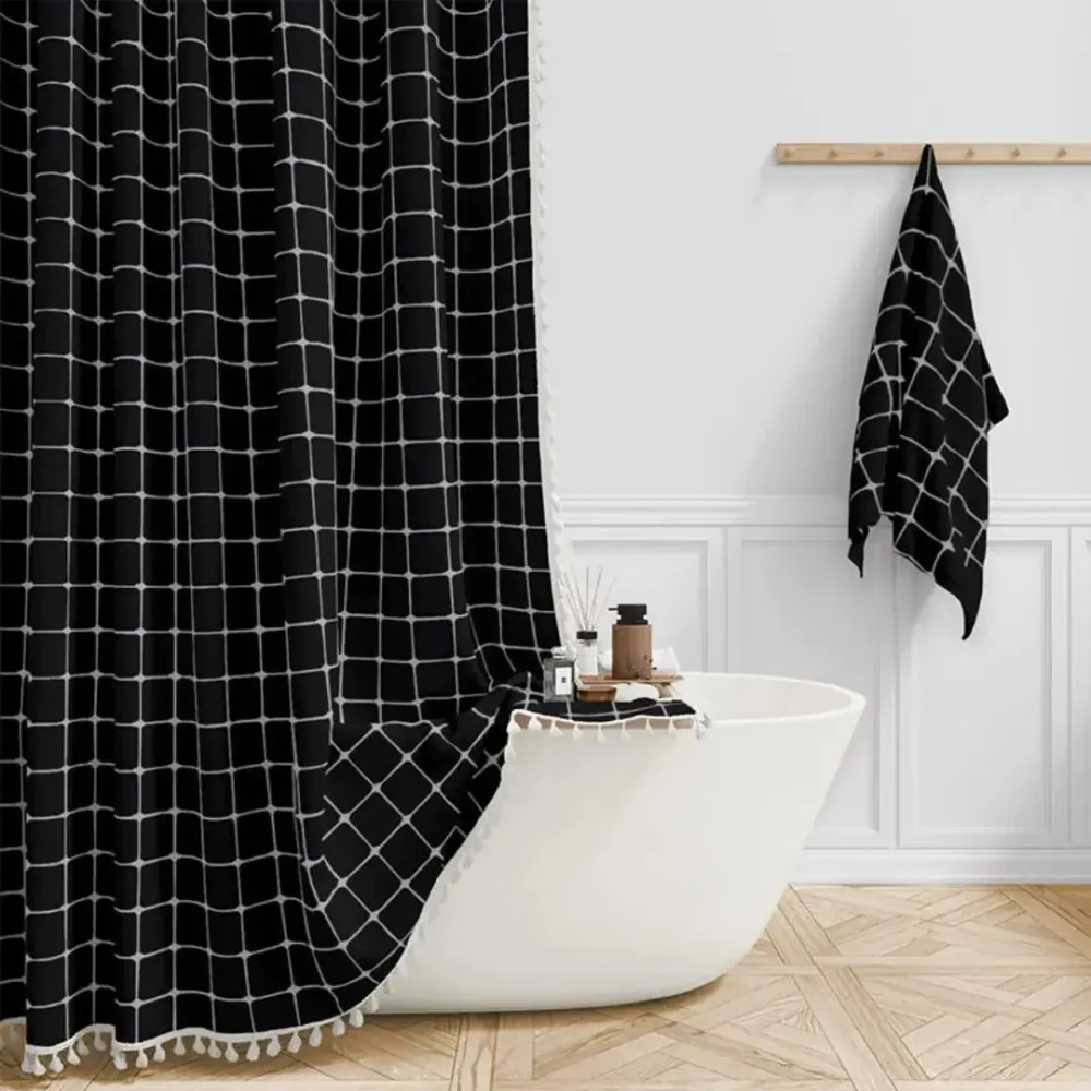 LINENCOVE – Cortina de ducha bohemia de lino con borlas y diseño impermeable Beige Cozey Maison
