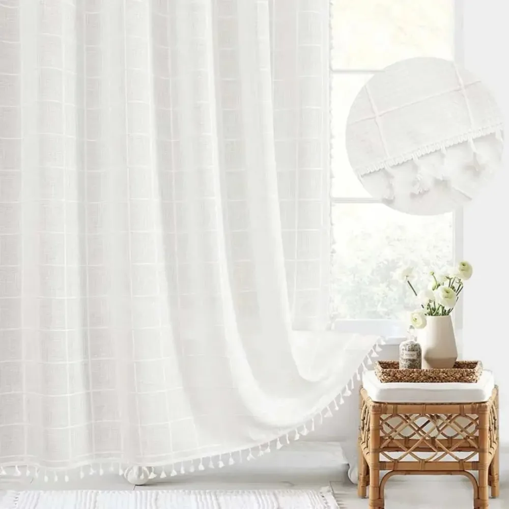 LINENCOVE – Cortina de ducha bohemia de lino con borlas y diseño impermeable Beige Cozey Maison