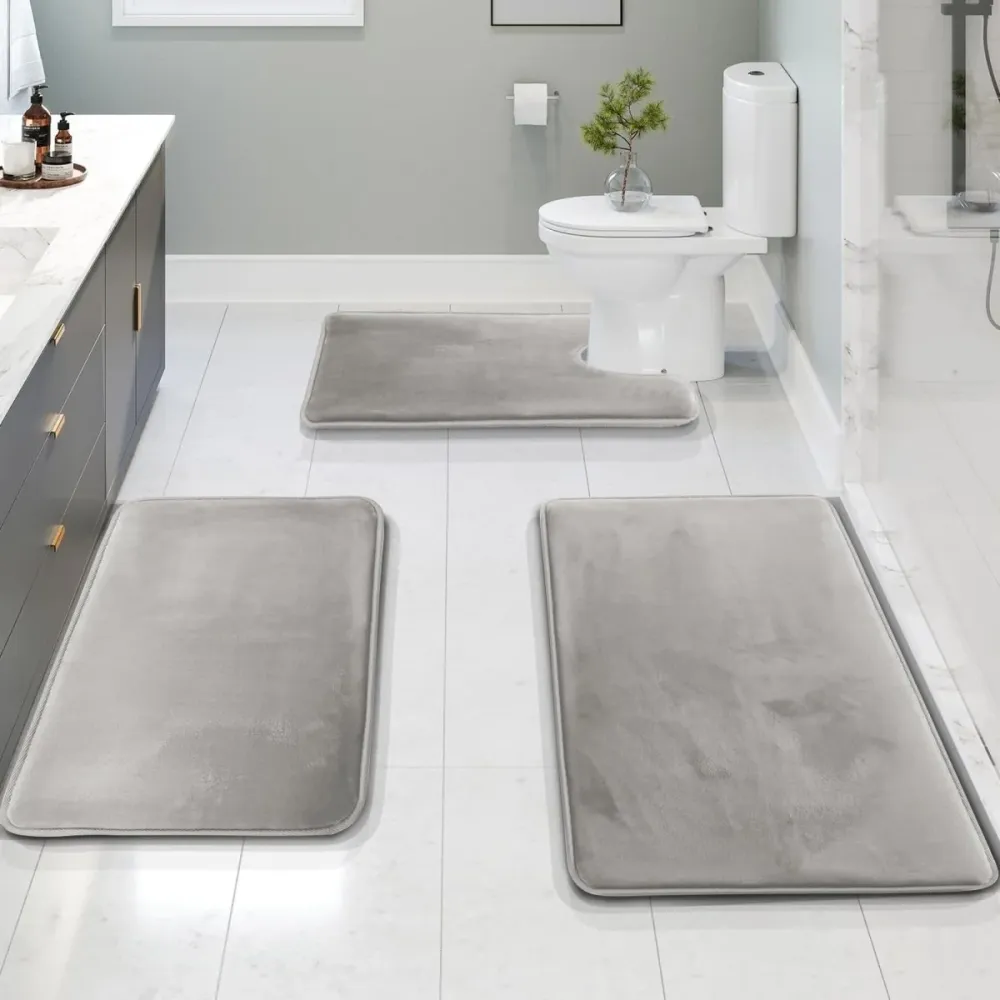 RELAXPAD – Juego de alfombrillas de baño de espuma viscoelástica ultrasuave con tela de secado rápido Gris Cozey Maison