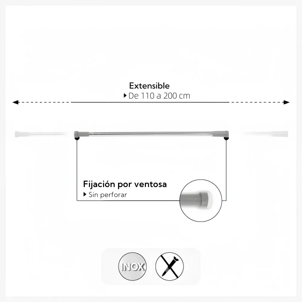 Barra de Ducha Extensible de Acero Inoxidable, Barra Cortina Baño Instalación Sin Perforar, Ajustable y Resistente, Color...