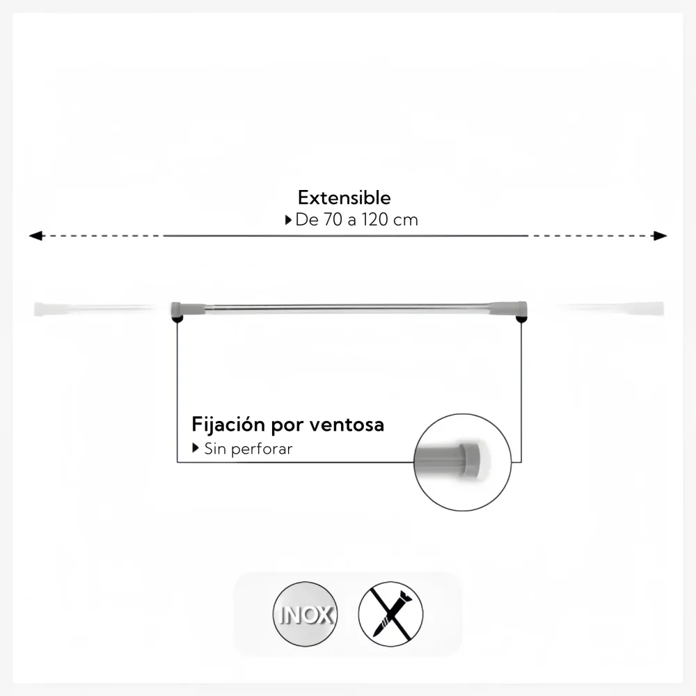 Barra de Ducha Extensible de Acero Inoxidable, Barra Cortina Aluminio Instalación Sin Perforar, Ajustable y Resistente Dam...