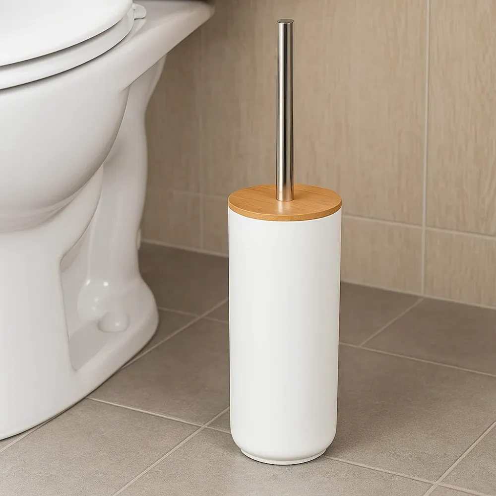 Escobillero Plastico Blanco 9.1 x 37 cm, Escobilla Baño Moderna con Portaescobillas, Diseño Nórdico Blanco con Tapa de Bam...