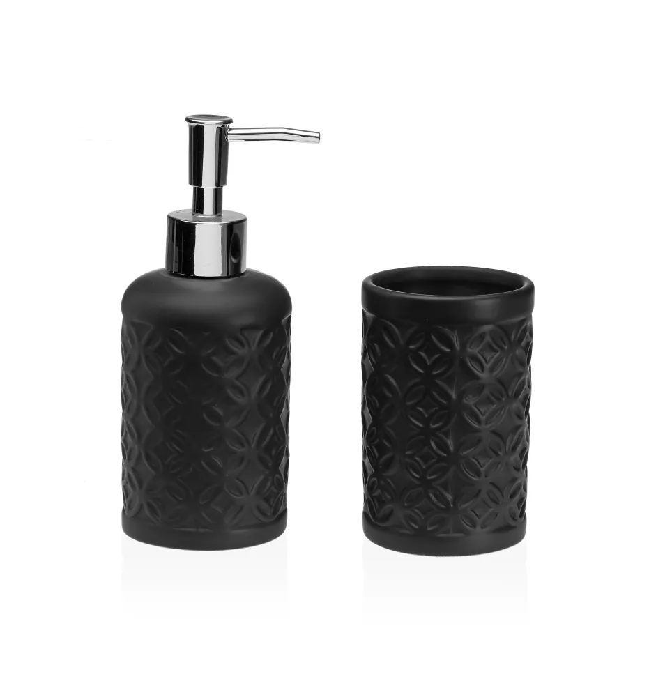 Set de Baño, Accesorio de Baño Cerámica, Porta Cepillo y Dispensador de Jabón Negro damdamgo