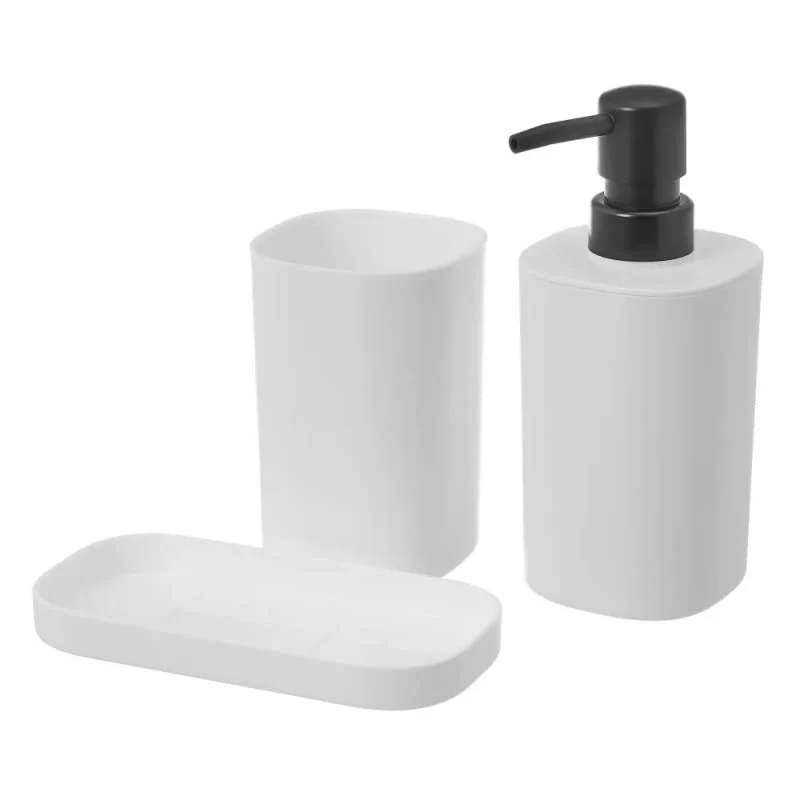 Set para el baño - Juego 3 Accesorios para Lavabo - Kit de 3 Piezas - 1x dispensador de jabón 1x Vaso 1x Bandeja Blanco da...