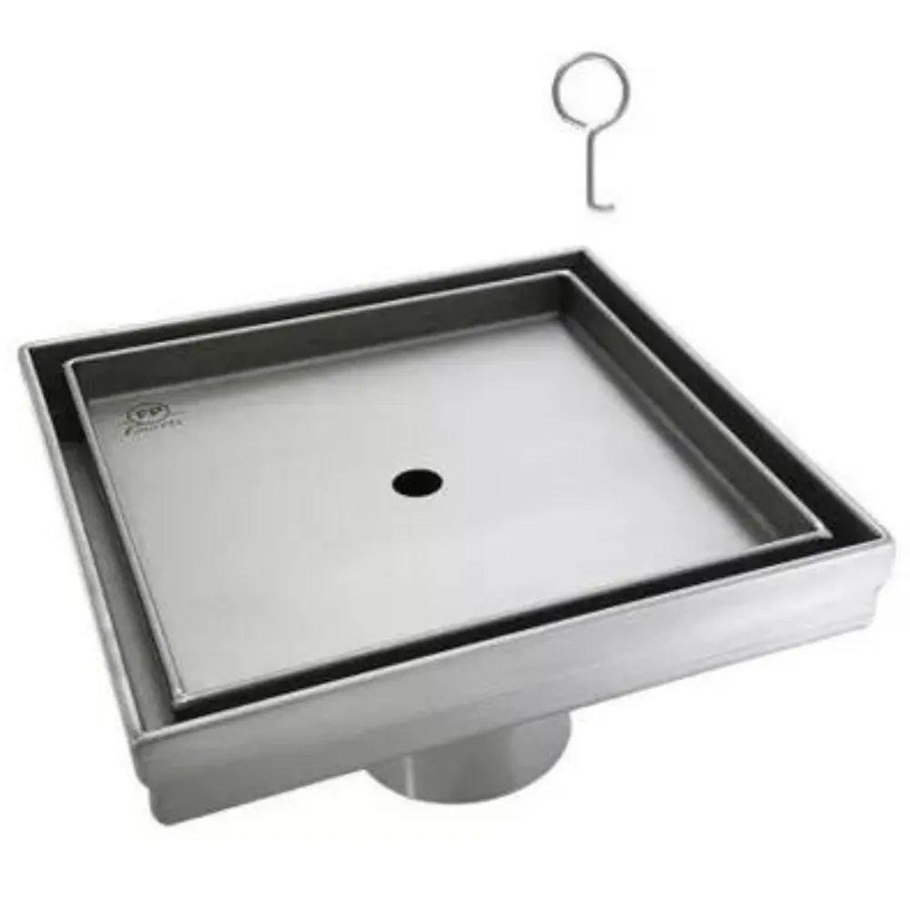 Desagüe para piso cuadrado 15 x 15 cm con doble función para inserción de baldosa en acero inoxidable satinado