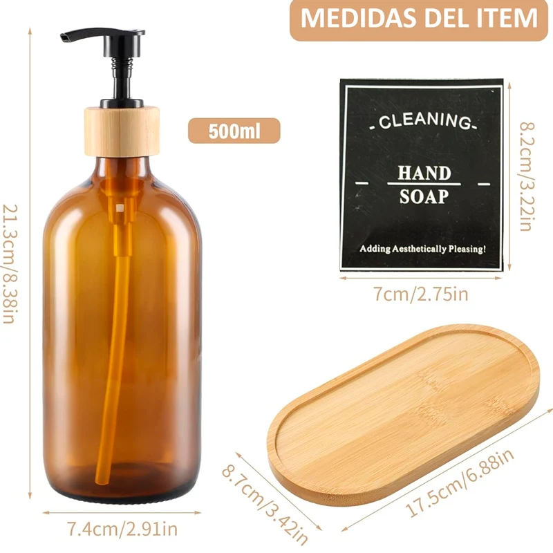 2 Dispensador De Jabon Botella Vidrio Ambar 500 Ml + Bandeja Marrón
