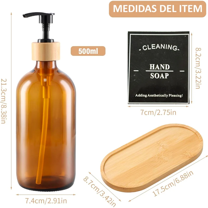 2 Dispensador De Jabon Botella Vidrio Ambar 500 Ml + Bandeja Marrón