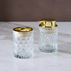 DISPENSER DE JABON & PORTACEPILLO SMILE GOLD