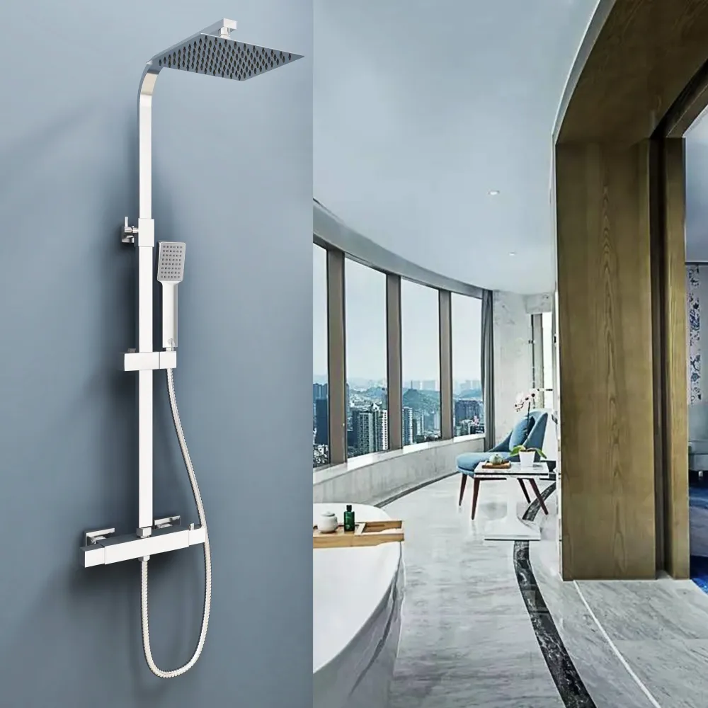 Columna Ducha Termostática 80-120cm en Cromo Ajustable Flexible Ángulo de Alcachofa Superior, Ducha Lluvia para Baño Ducha...