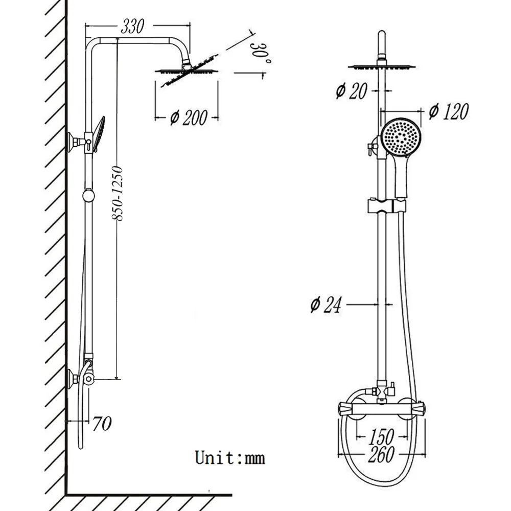 Columna de Ducha termostática, Cromado redondo, Plata brillante, Barra ajustable en altura, Cabezal de ducha y Teleducha d...