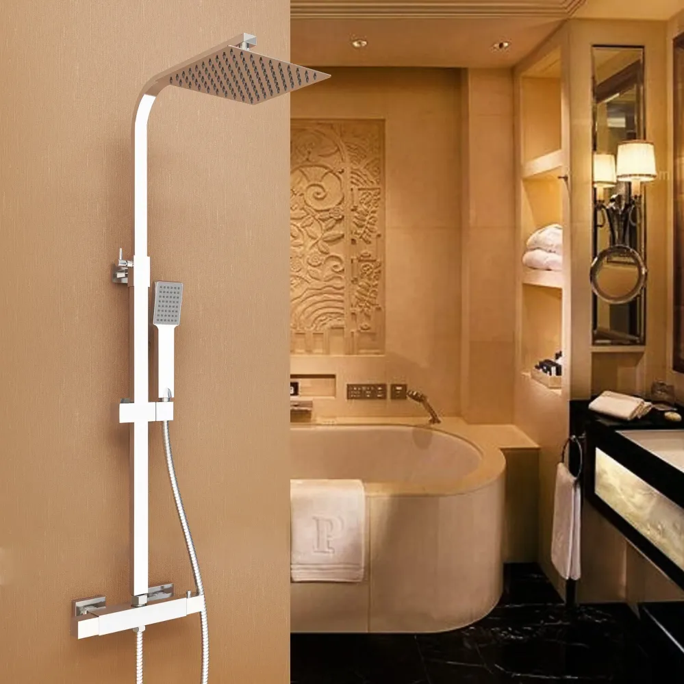 Columna Ducha Termostática en Cromo Regulable Rociador 80-120cm Superior y Alcachofa de Mano Cuadrados, Ducha Lluvia Ducha...