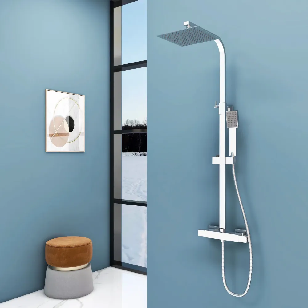 Columna de Ducha Termostática, Ducha Lluvia de Baño, Cuadrado Rociador Superior Plata, Barra ajustable 80-120cm con soport...