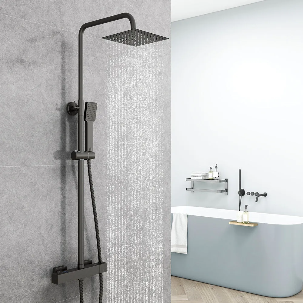 Cuadrado Ducha Lluvia Alcachofa de 3 Tipos de Chorro con Redonda Barra y Negro Mate para Baño Columna de Ducha con Termost...