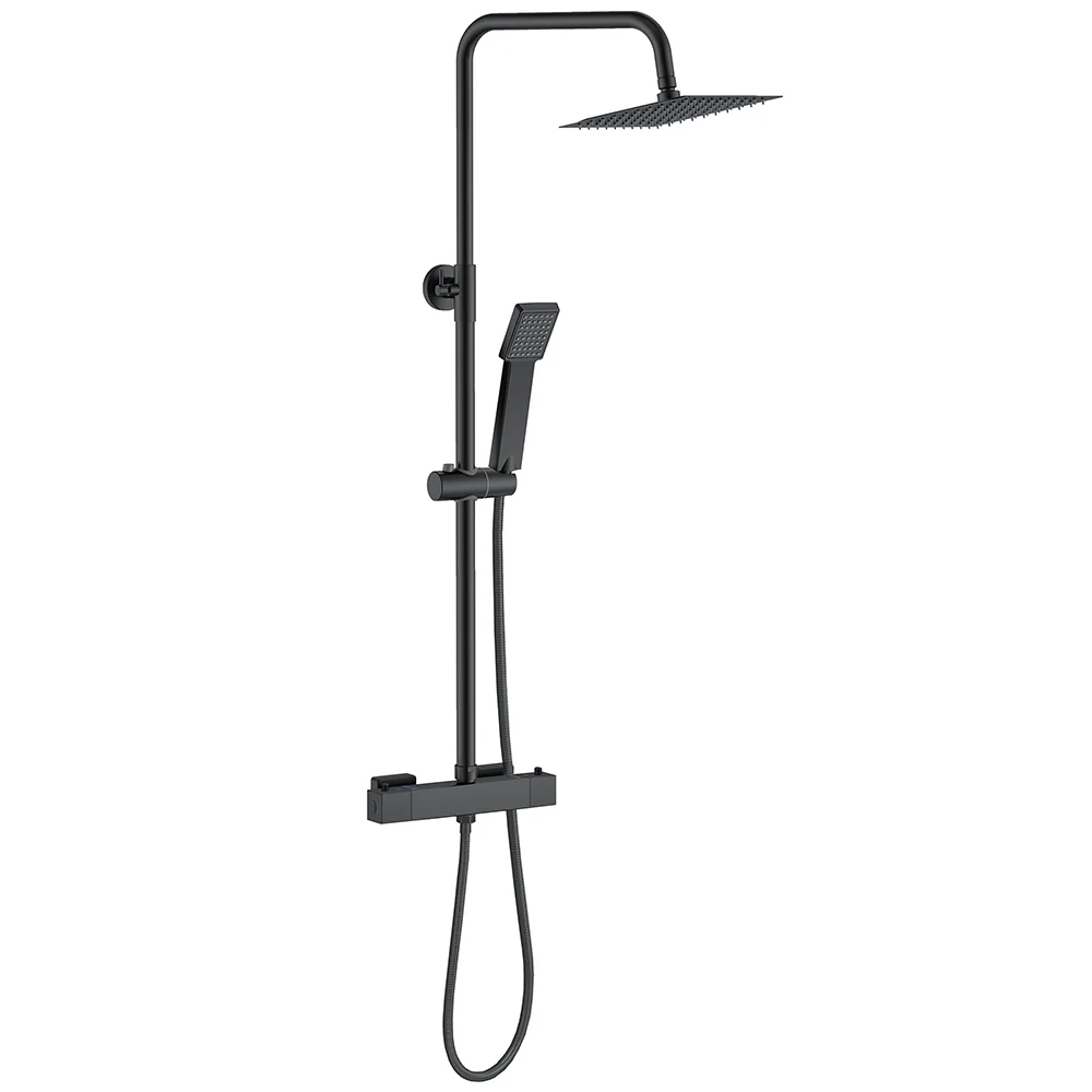 Cuadrado Ducha Lluvia Alcachofa de 3 Tipos de Chorro con Redonda Barra y Negro Mate para Baño Columna de Ducha con Termost...