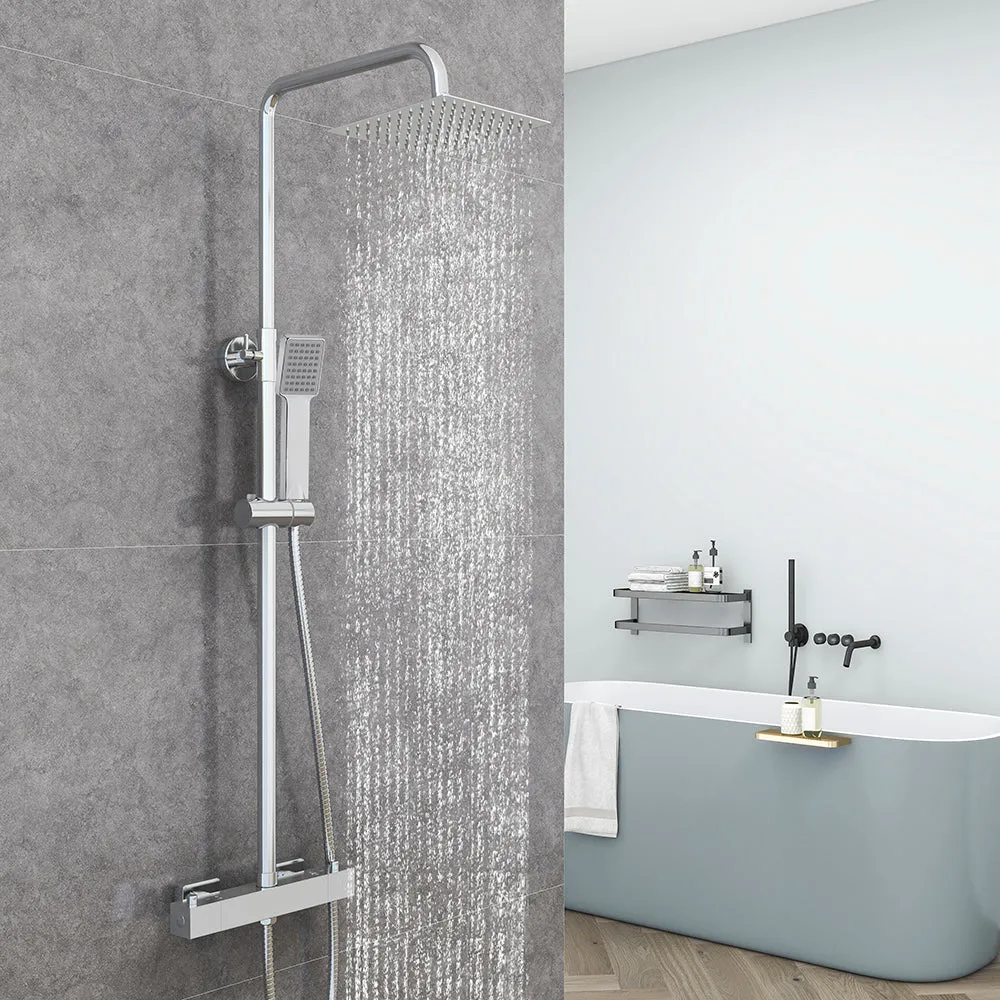 Duchacasa Lluvia Alcachofa de 3 Tipos de Chorro con Redonda Barra y Brillante para Baño,Columna de Ducha con Termostato Cu...