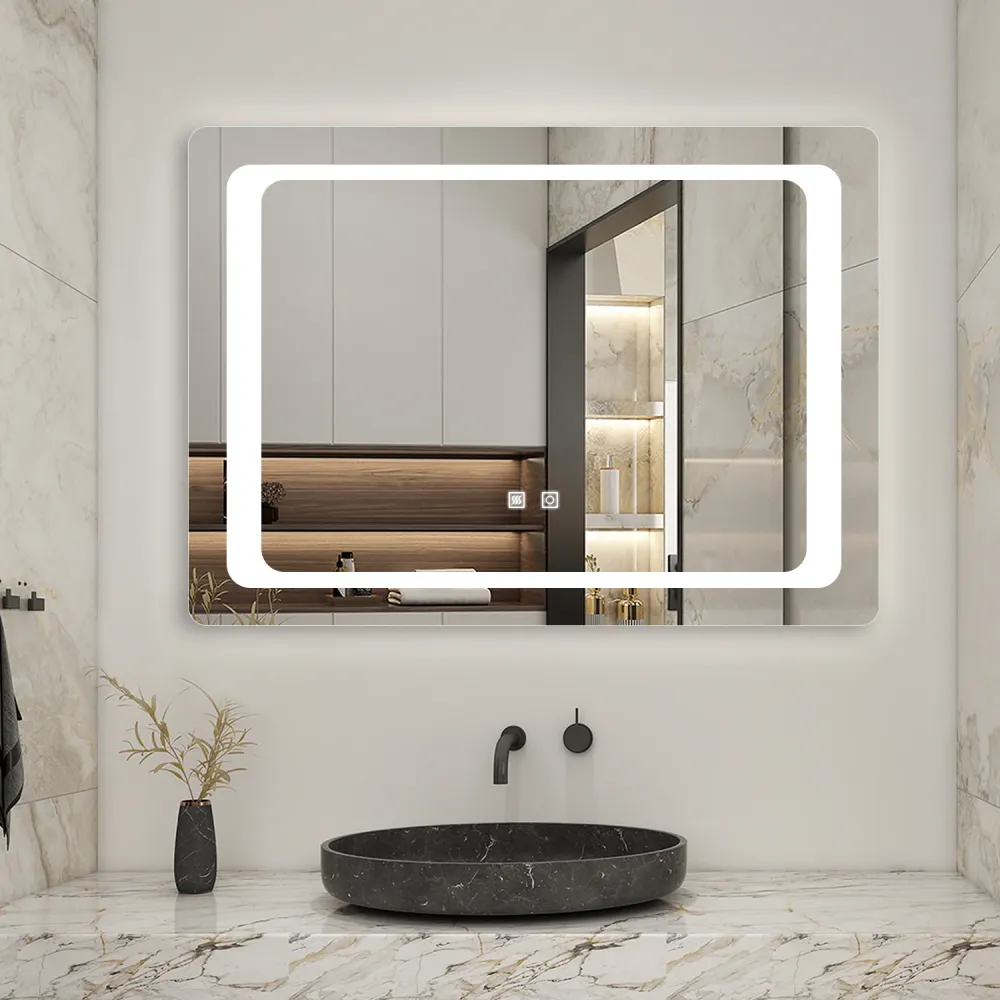 Duchacasa Espejo de Pared en Baño con Iluminación Blanca Frí, Brillo LED Envolvente. Espejo de Baño Antivaho + Dos botones...
