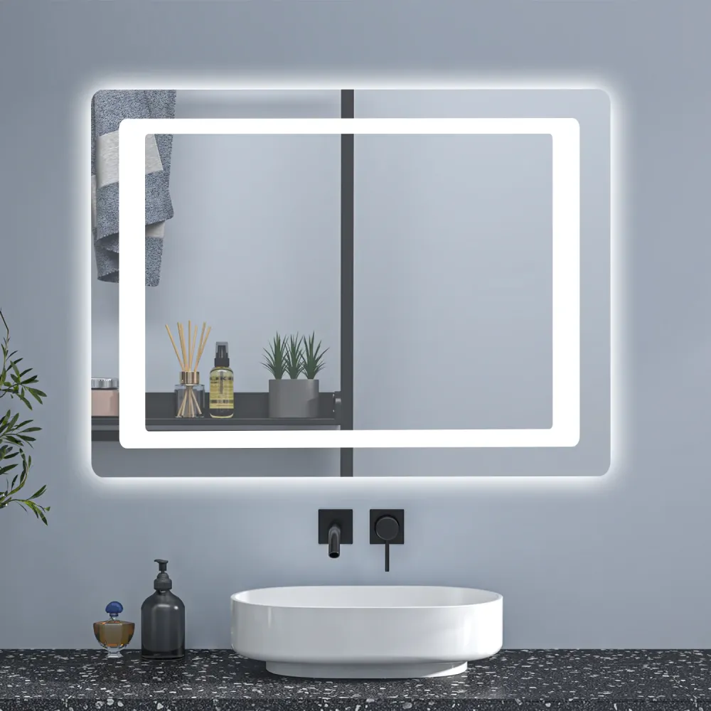 Duchacasa Espejo de Pared en Baño con Iluminación Blanca Frí, Brillo LED Envolvente. Espejo de Baño Antivaho + Dos botones...