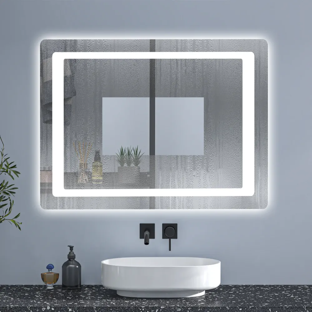 Duchacasa Espejo de Pared en Baño con Iluminación Blanca Frí, Brillo LED Envolvente. Espejo de Baño Antivaho + Dos botones...