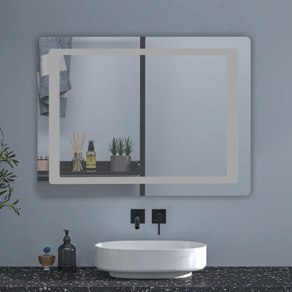 Duchacasa Espejo de Pared en Baño con Iluminación Blanca Frí, Brillo LED Envolvente. Espejo de Baño Antivaho + Dos botones...