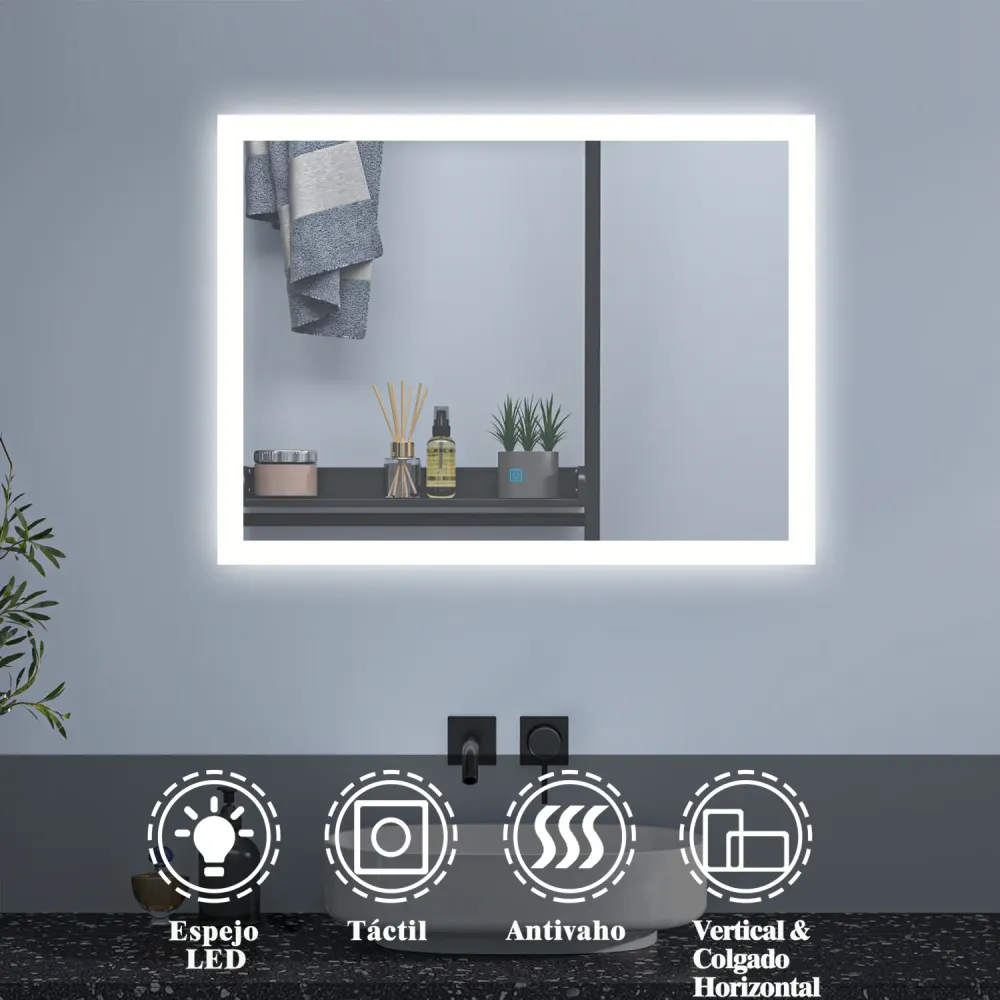 Espejo Regulable de Hogar/de Baño con Función Antiniebla + Interruptor Táctil+ Brillo LED Envolvente Blanco Frío Duchacasa...