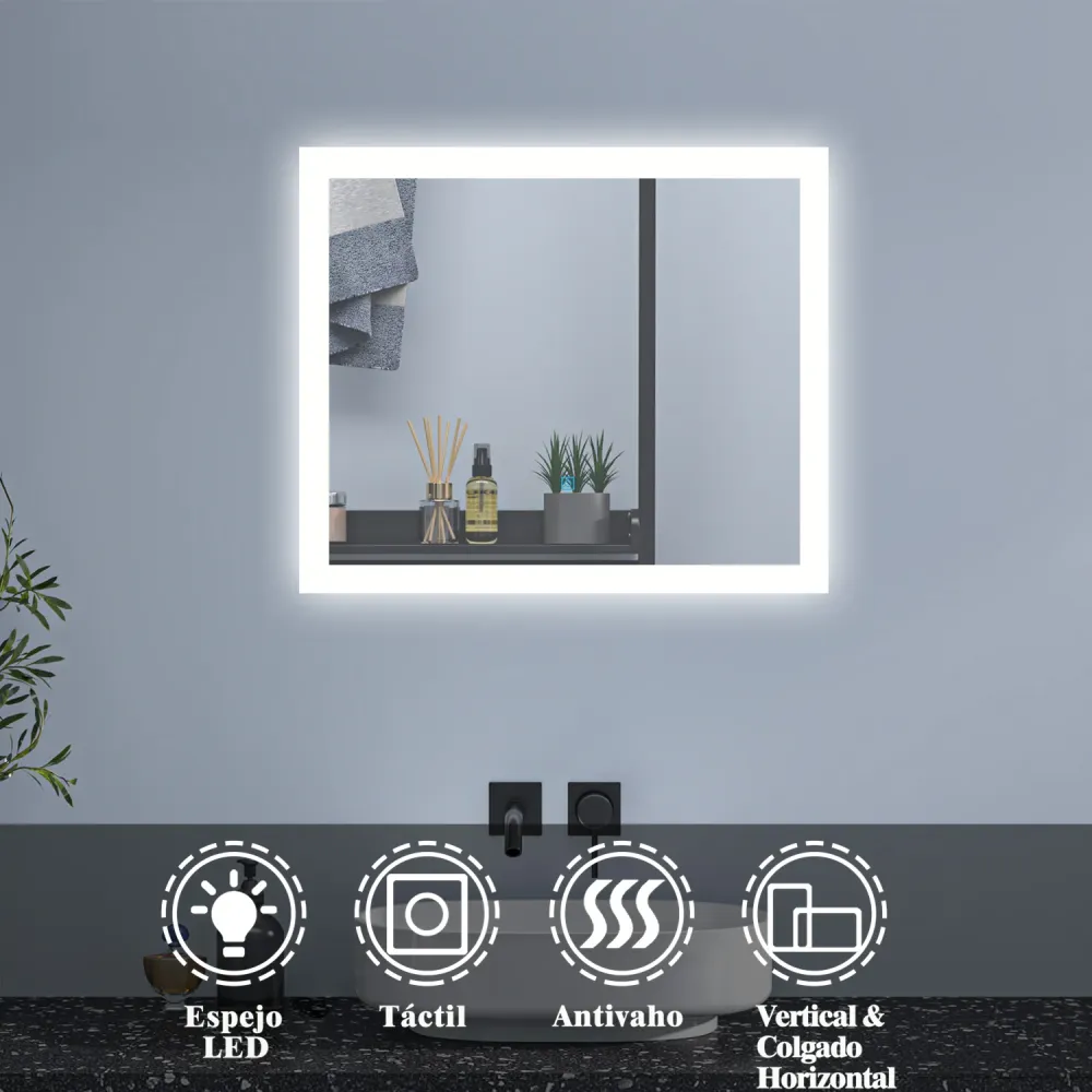 Espejo Regulable de Hogar/de Baño con Función Antiniebla + Interruptor Táctil+ Brillo LED Envolvente Blanco Frío Duchacasa...