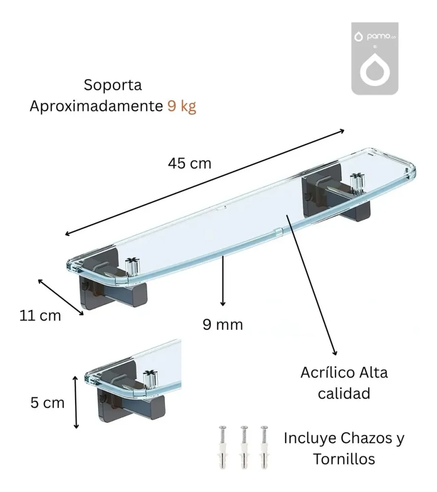 Repisa Acrílica Transparente 45Cm Soportes Cromados Alta Resistencia ELASTOMEROS