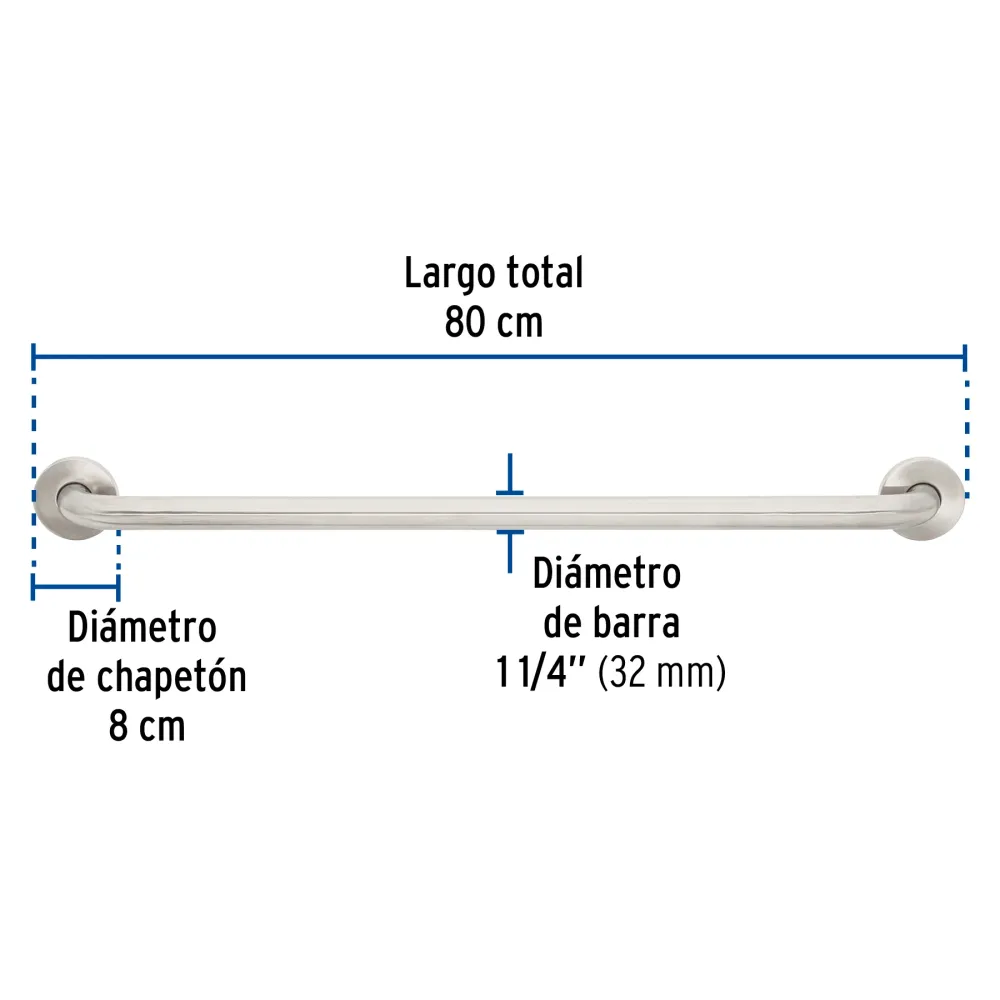 Barra recta de seguridad, acero inox, 1-1/4' x 80cm, Foset 46886